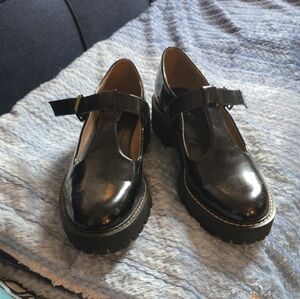 Black Leather Lug Sole Mary Janes